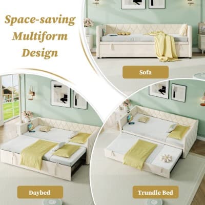 Button-Tufted Day Bed with Pull-Out Trundle and Charging Station - image 1