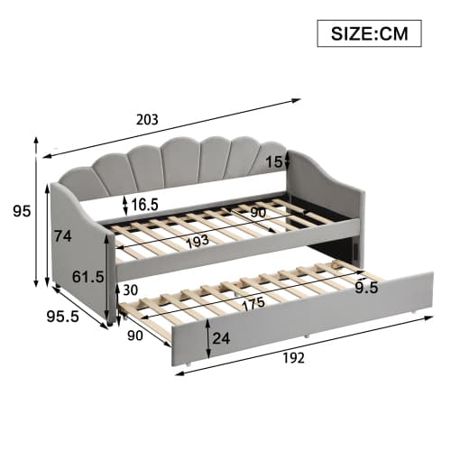 Upholstered 3ft Single Day Bed with Pull-Out Trundle in Grey Velvet - image 7