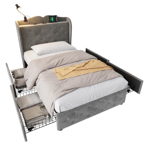 Grey Velvet Single Bed with Smart Storage & USB Charging - image 7