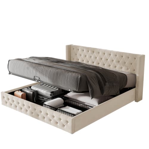 Upholstered King Size Ottoman Bed in Beige Velvet - Beige