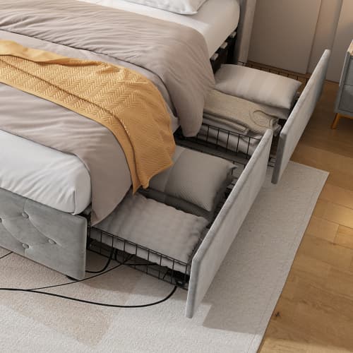 Grey Velvet Single Bed with Smart Storage & USB Charging - image 14