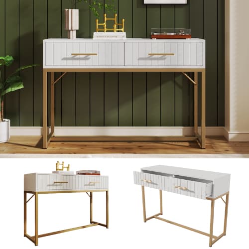 White Dressing Table with Ribbed Front & Gold Details - White