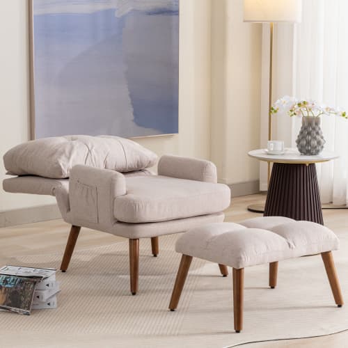 Relaxing Lounge Chair with Footstool and Side Pockets in Beige - image 7