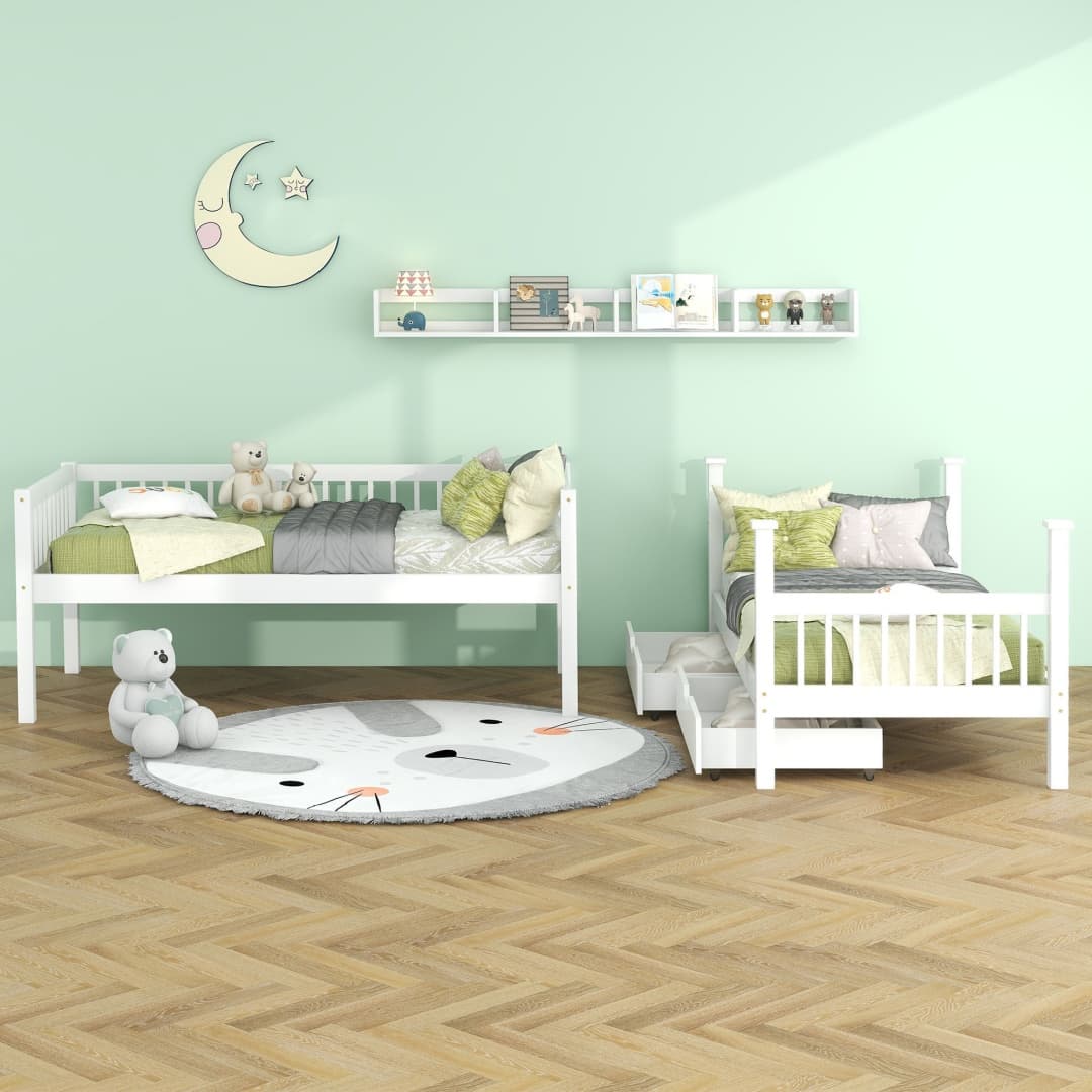 White Solid Pine Kids Bunk Bed with Storage Drawer & Shelf - image 16