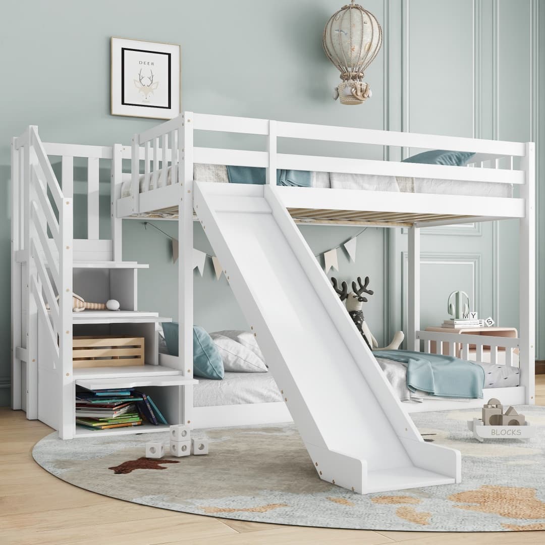 Solid Pine Bunk Bed with Slide and Storage Staircase, White Finish