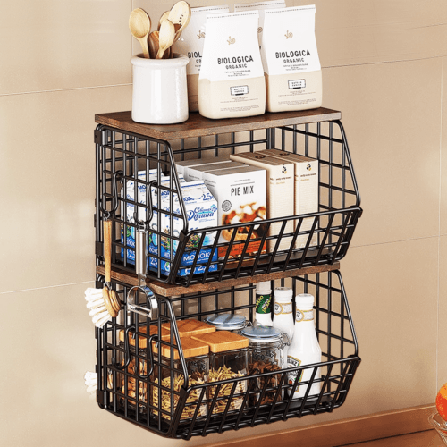 Space-Saving 2-Pack Metal Fruit Baskets for Effortless Storage - Black