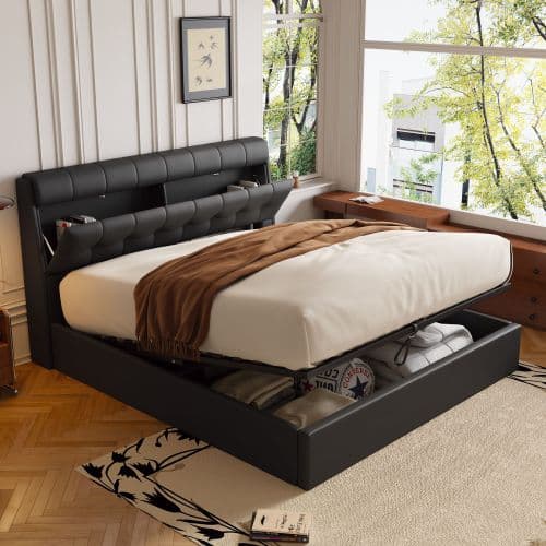 Upholstered Ottoman Bed with Hydraulic Storage & Headboard Compartment (4ft6 Double) - Black