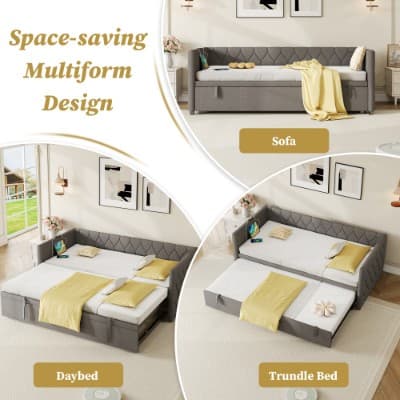 Button-Tufted Day Bed with Pull-Out Trundle and Charging Station - image 2