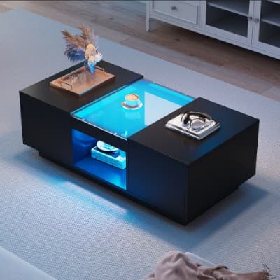 Modern Coffee Table with LED Lighting, 2 Drawers and Glass Top - image 1