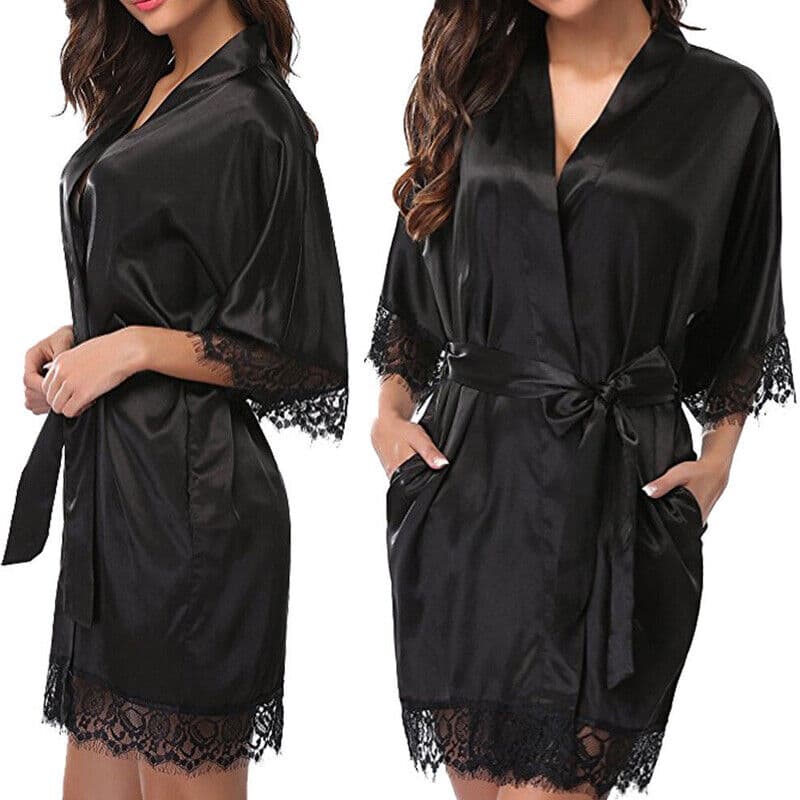 Black Satin Dressing Gown with Lace Trim — Lightweight Loungewear - image 10