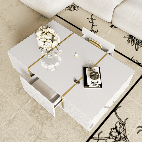 Modern High Gloss White Coffee Table with Gold Accents - image 4
