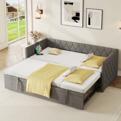 Button-Tufted Day Bed with Pull-Out Trundle and Charging Station - image 8