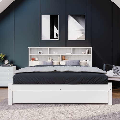 Solid Wood Double Storage Bed with Shelves and Underbed Drawer - White