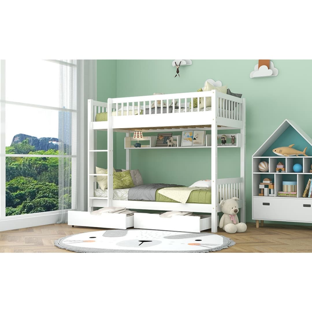 White Solid Pine Kids Bunk Bed with Storage Drawer & Shelf - image 12