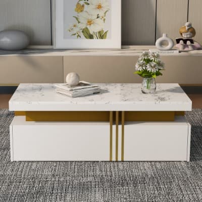 Modern White Coffee Table with Marble Effect Top and 2 Drawers - image 1