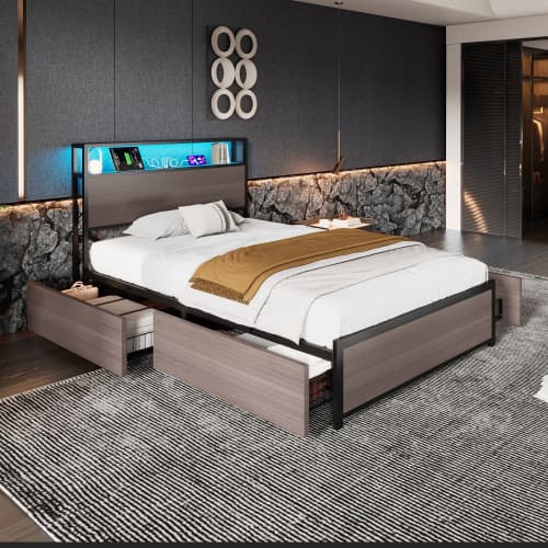 Modern Single Metal Bed with Storage, LED Lights & USB Charging Ports - image 23