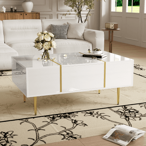 Modern High Gloss White Coffee Table with Gold Accents - image 5