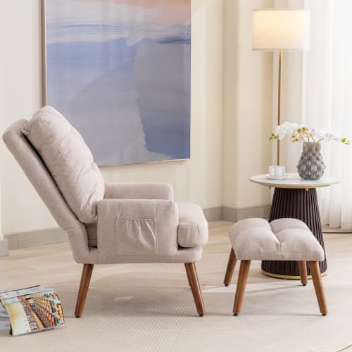 Relaxing Lounge Chair with Footstool and Side Pockets in Beige - image 5