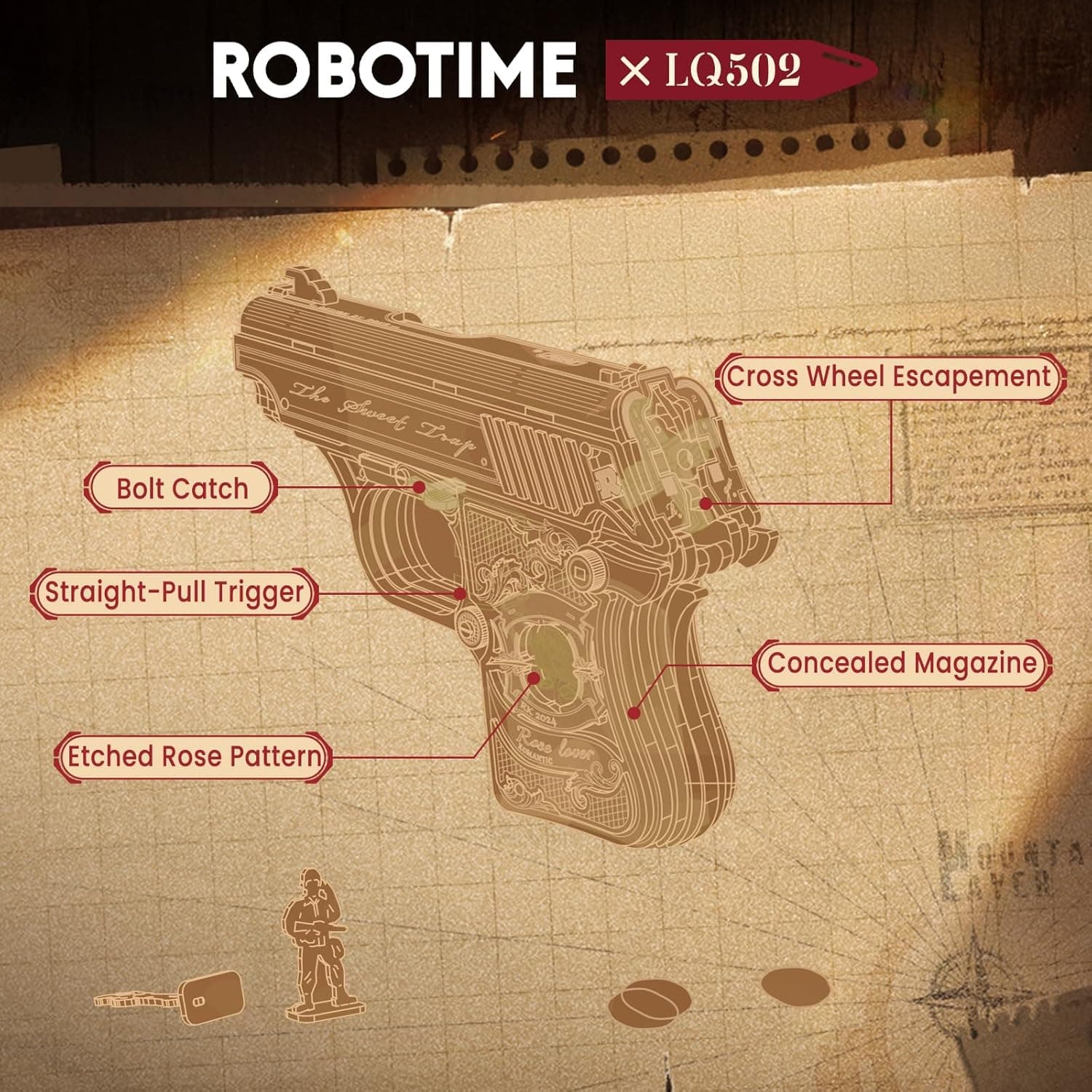 Mechanical Wooden Gun 3D Puzzle by Robotime - image 2