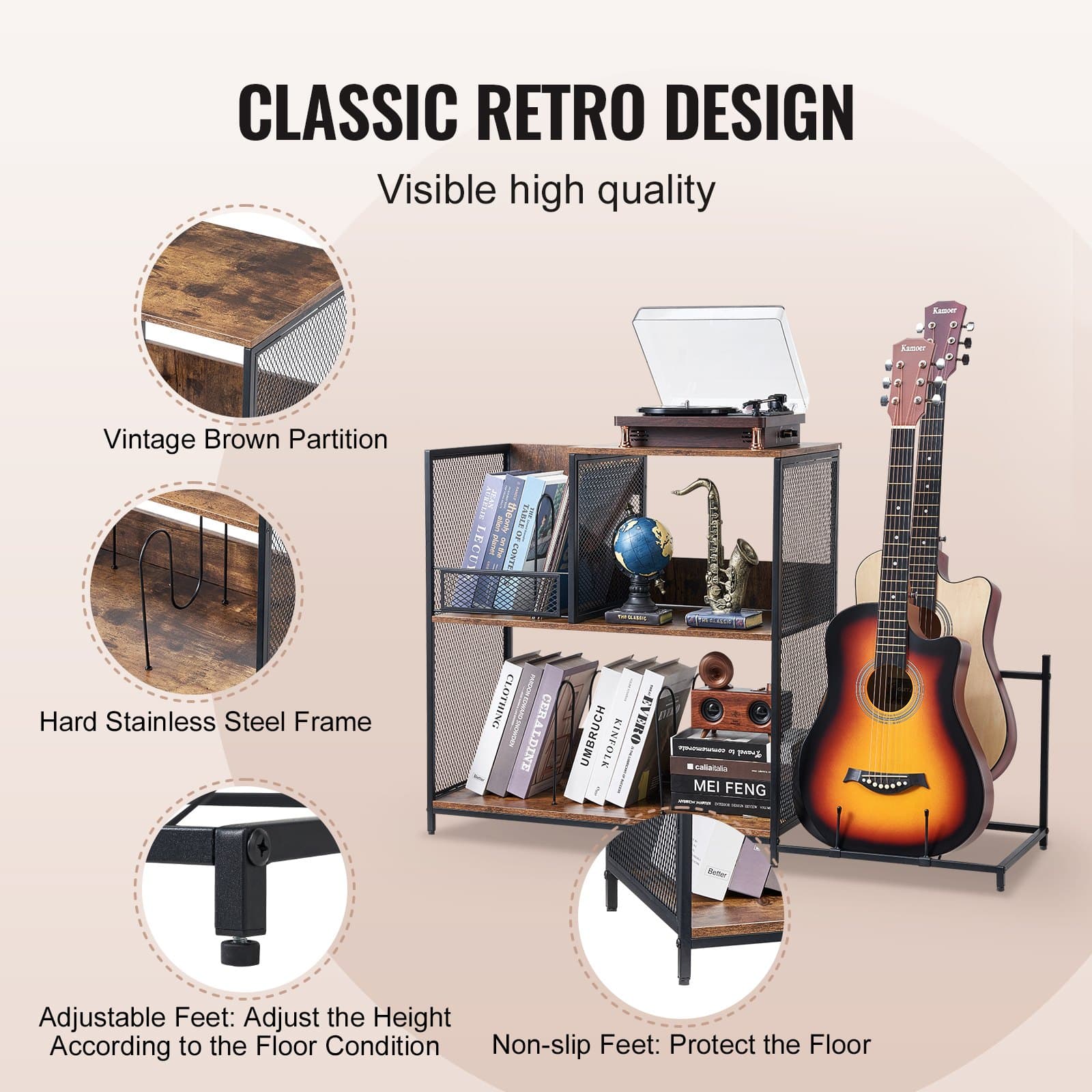 Record Player Stand for Turntables, Vinyl & 2 Guitars | Vintage Style - image 7