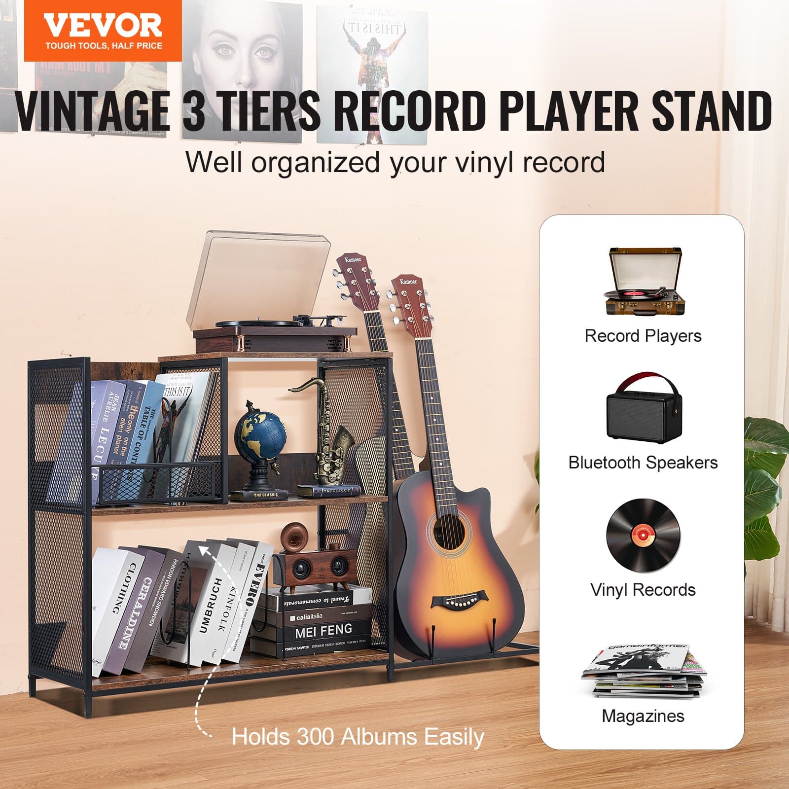 Record Player Stand for Turntables, Vinyl & 2 Guitars | Vintage Style - image 11