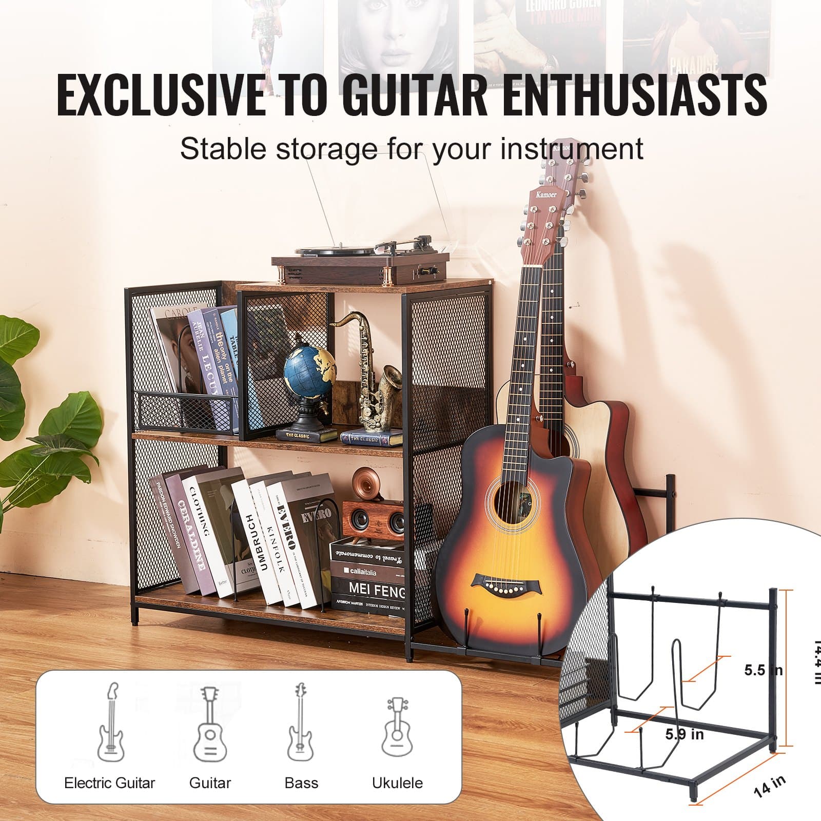 Record Player Stand for Turntables, Vinyl & 2 Guitars | Vintage Style - image 3