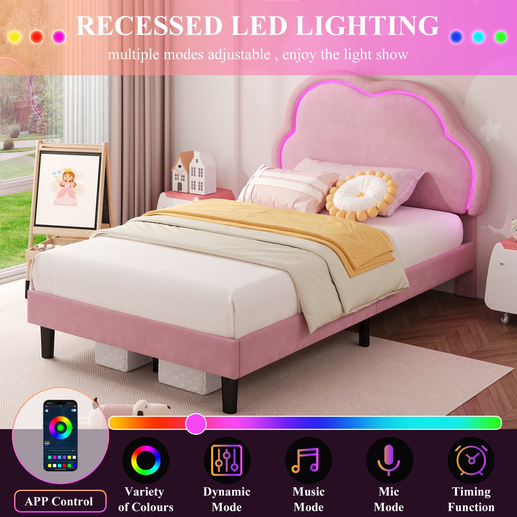Transform Their Room with the Pink Velvet LED Cloud Bed - image 4