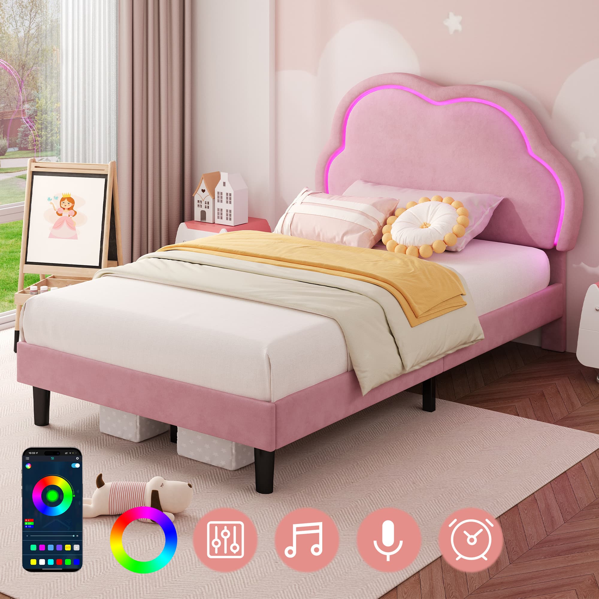 Transform Their Room with the Pink Velvet LED Cloud Bed