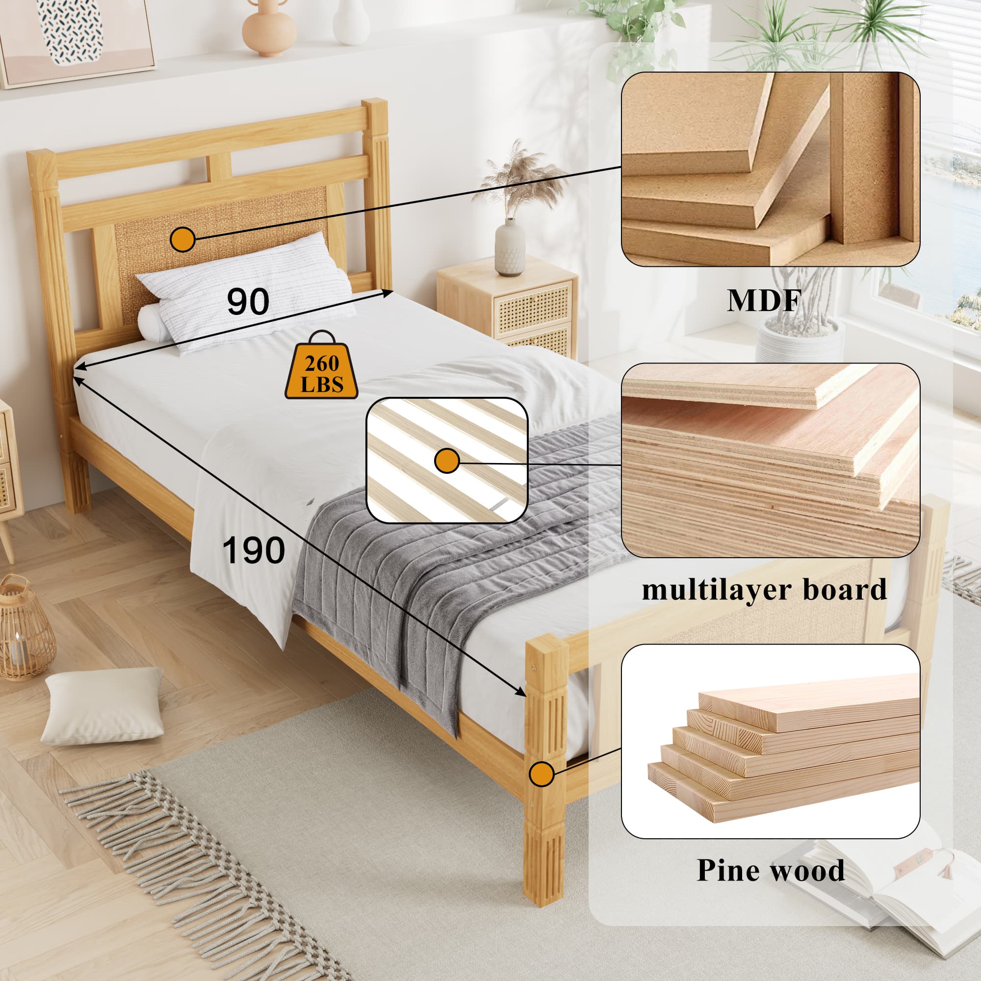 Natural Wood & Rattan Single Bed for a Serene Bedroom - image 4