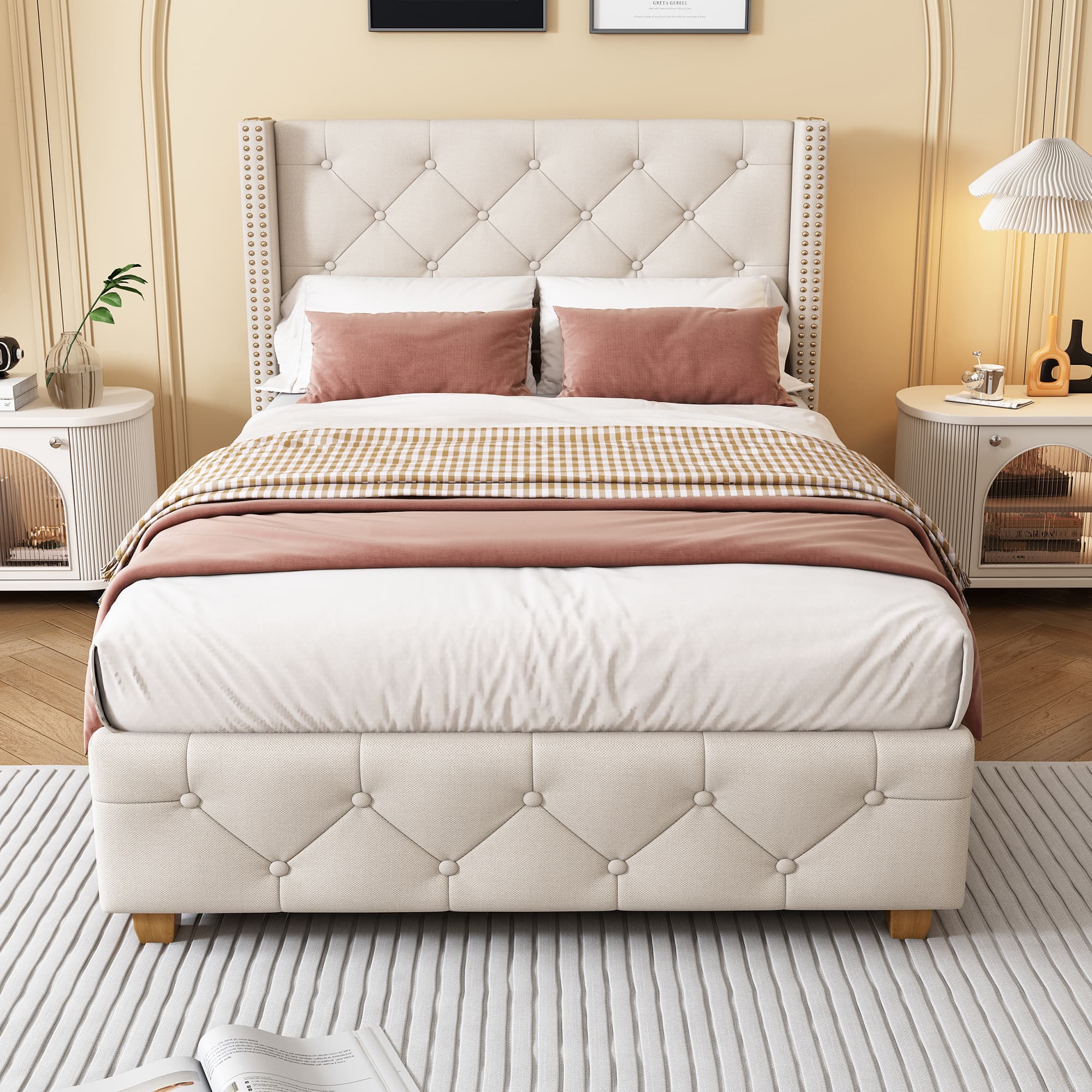 Elegant Upholstered Single Bed with Button & Rivet Headboard - image 3
