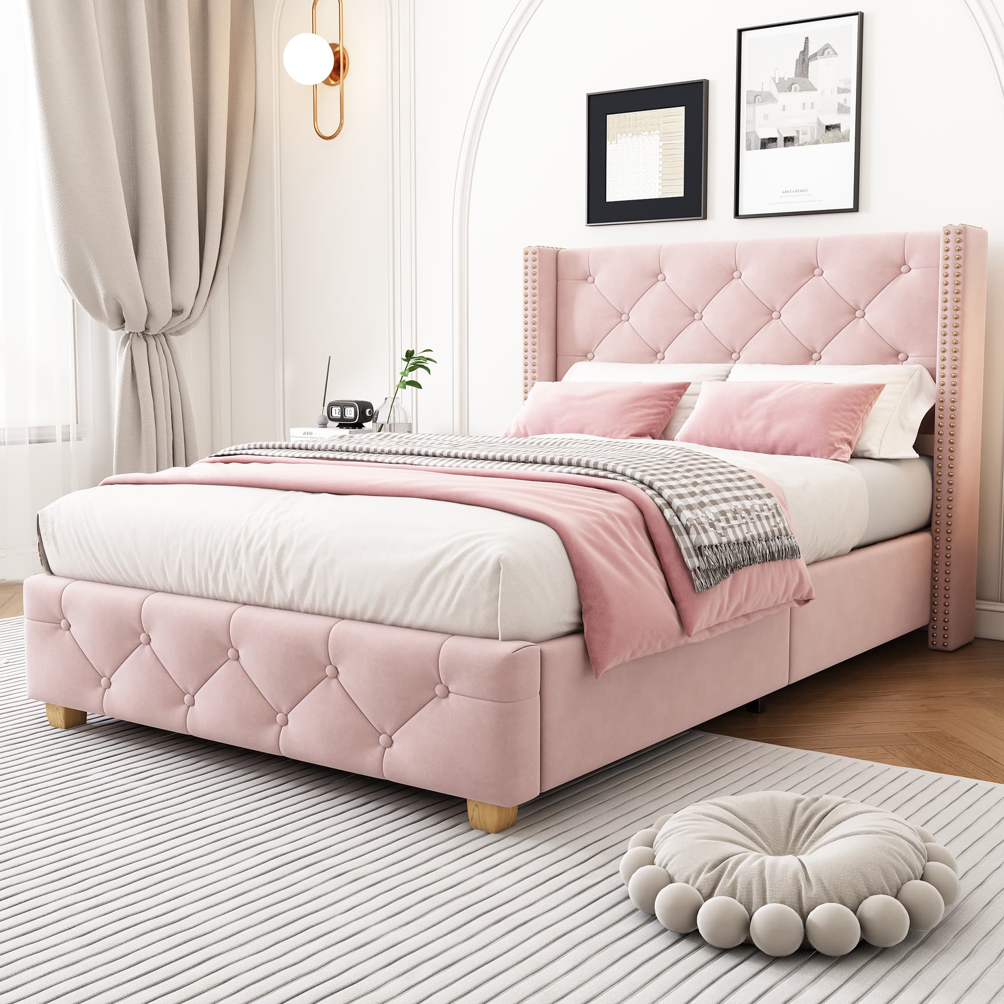 Transform Your Bedroom with an Elegant Pink Velvet Bed - Pink