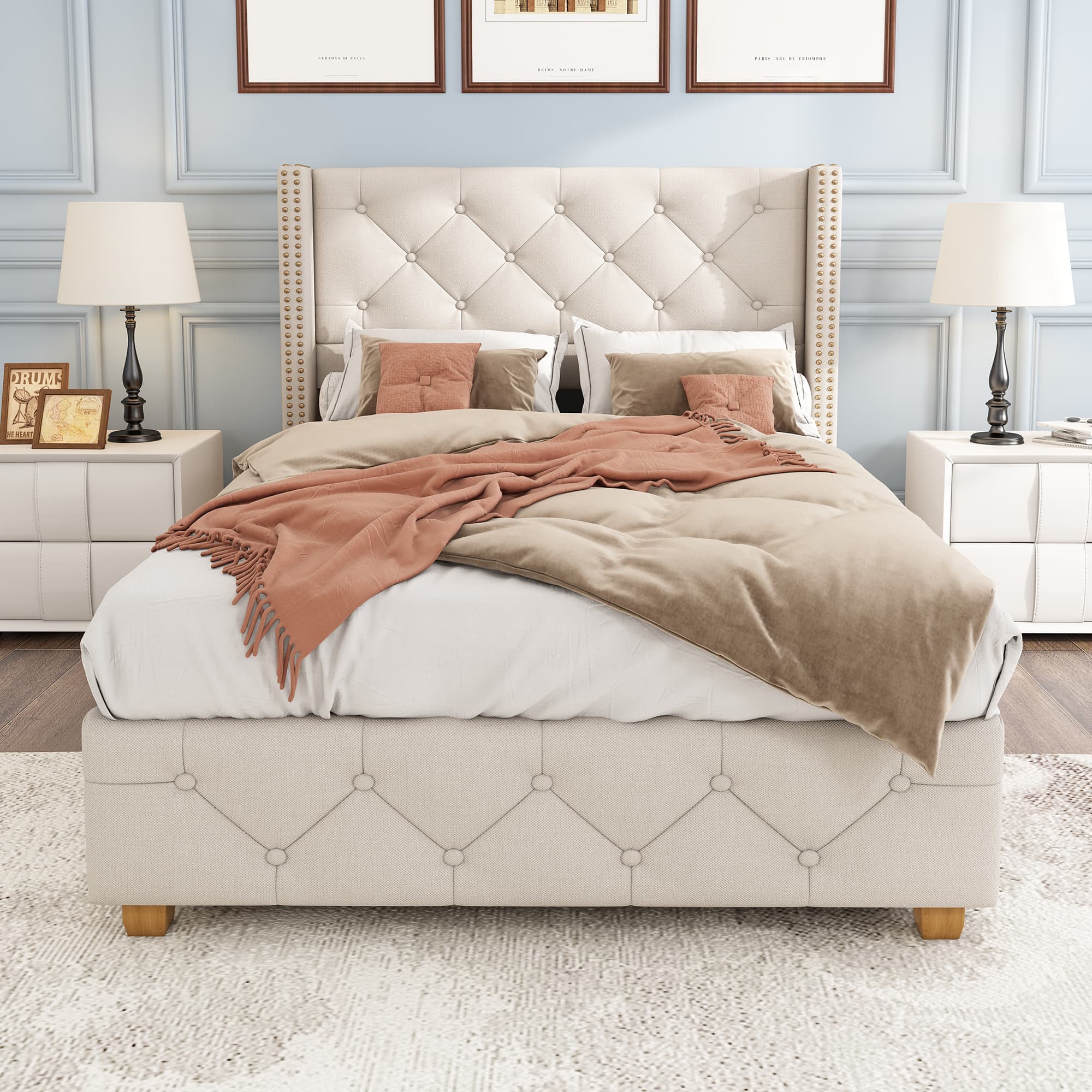 Elegant Upholstered Single Bed with Button & Rivet Headboard - image 4