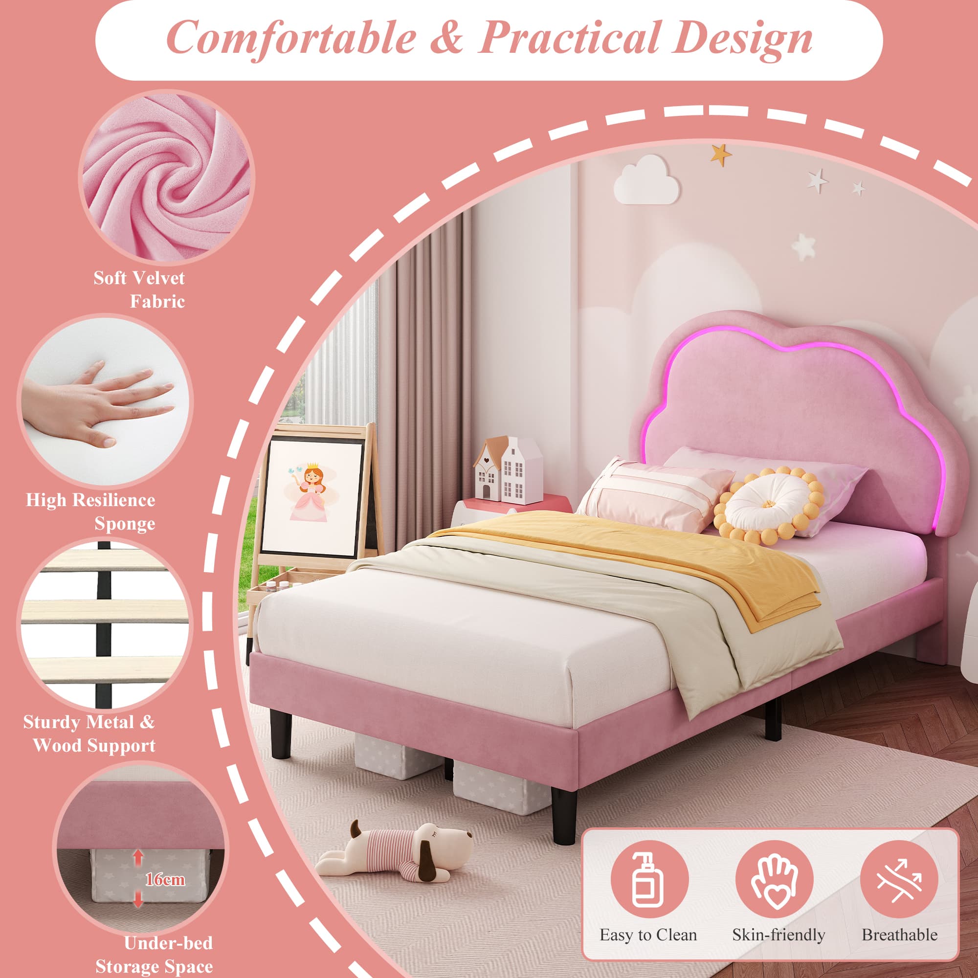 Transform Their Room with the Pink Velvet LED Cloud Bed - image 5