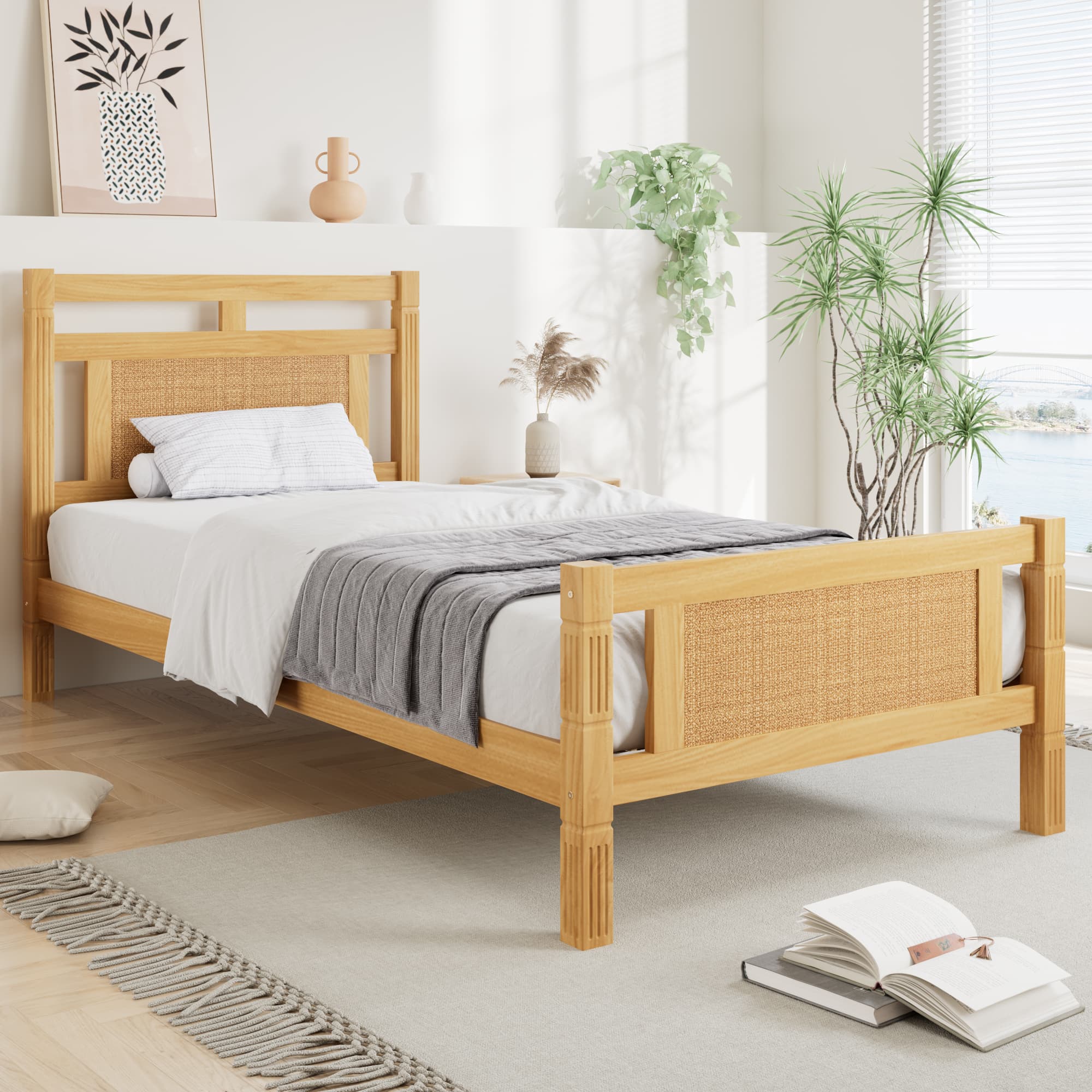 Natural Wood & Rattan Single Bed for a Serene Bedroom - image 1