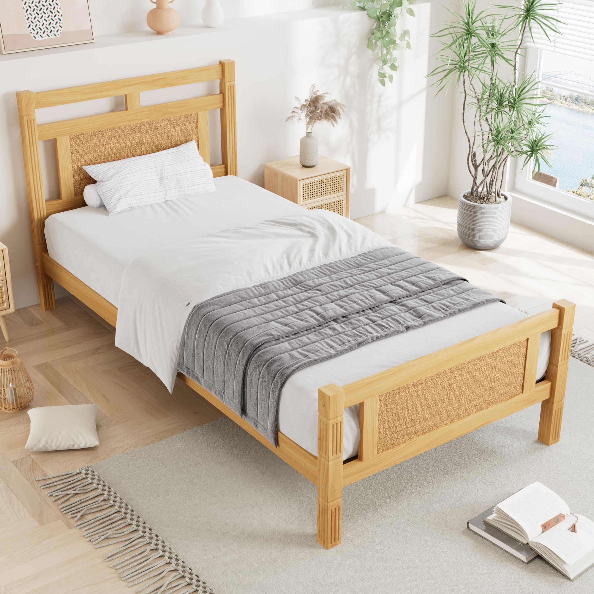 Natural Wood & Rattan Single Bed for a Serene Bedroom - Natural