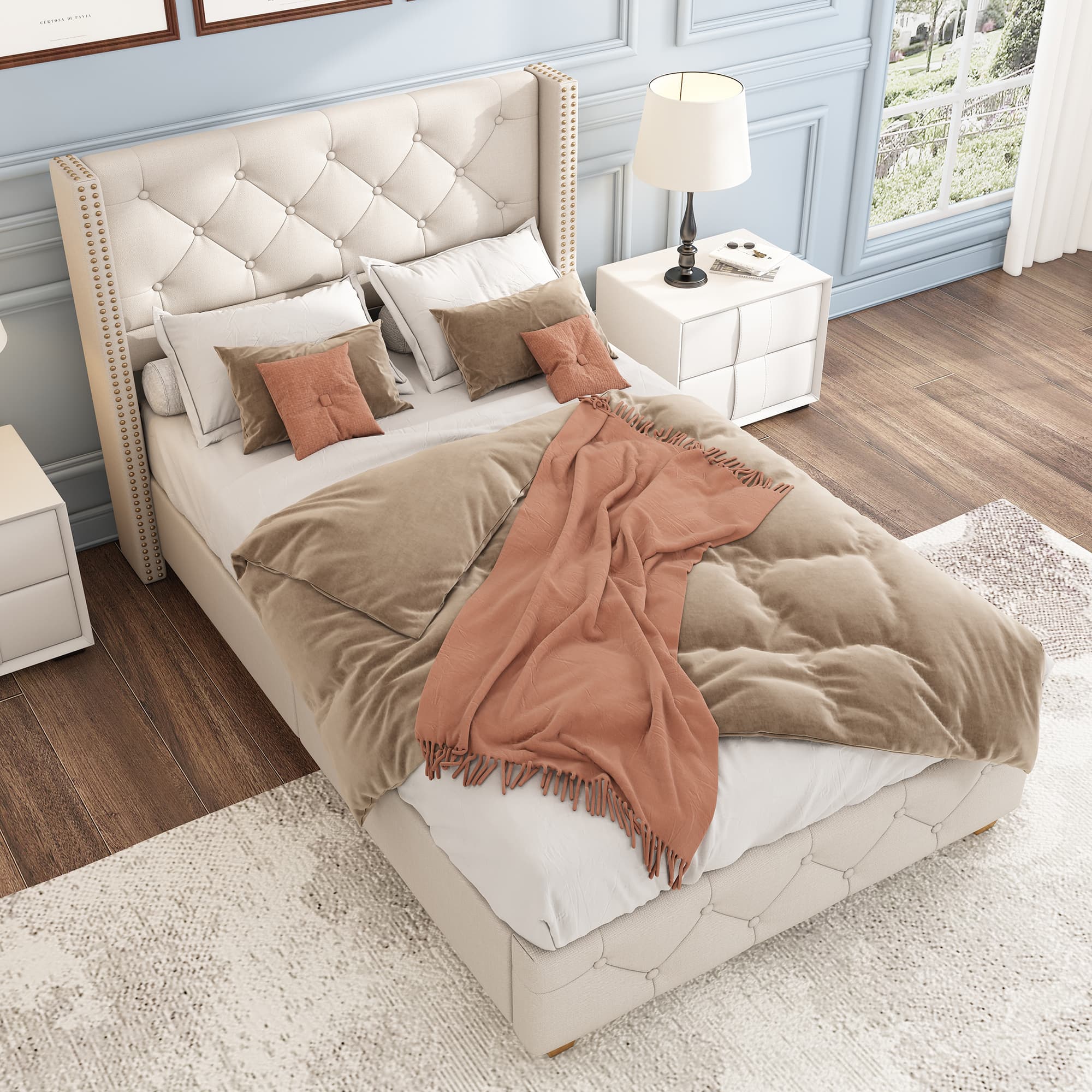 Elegant Upholstered Single Bed with Button & Rivet Headboard - image 6