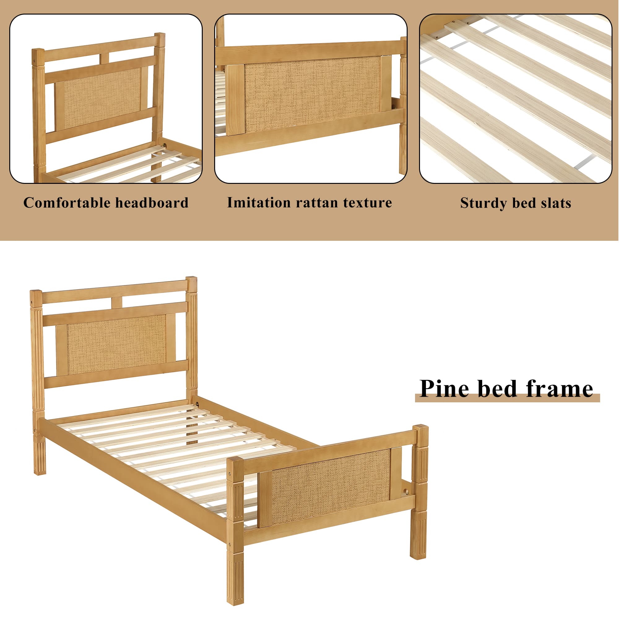 Natural Wood & Rattan Single Bed for a Serene Bedroom - image 3