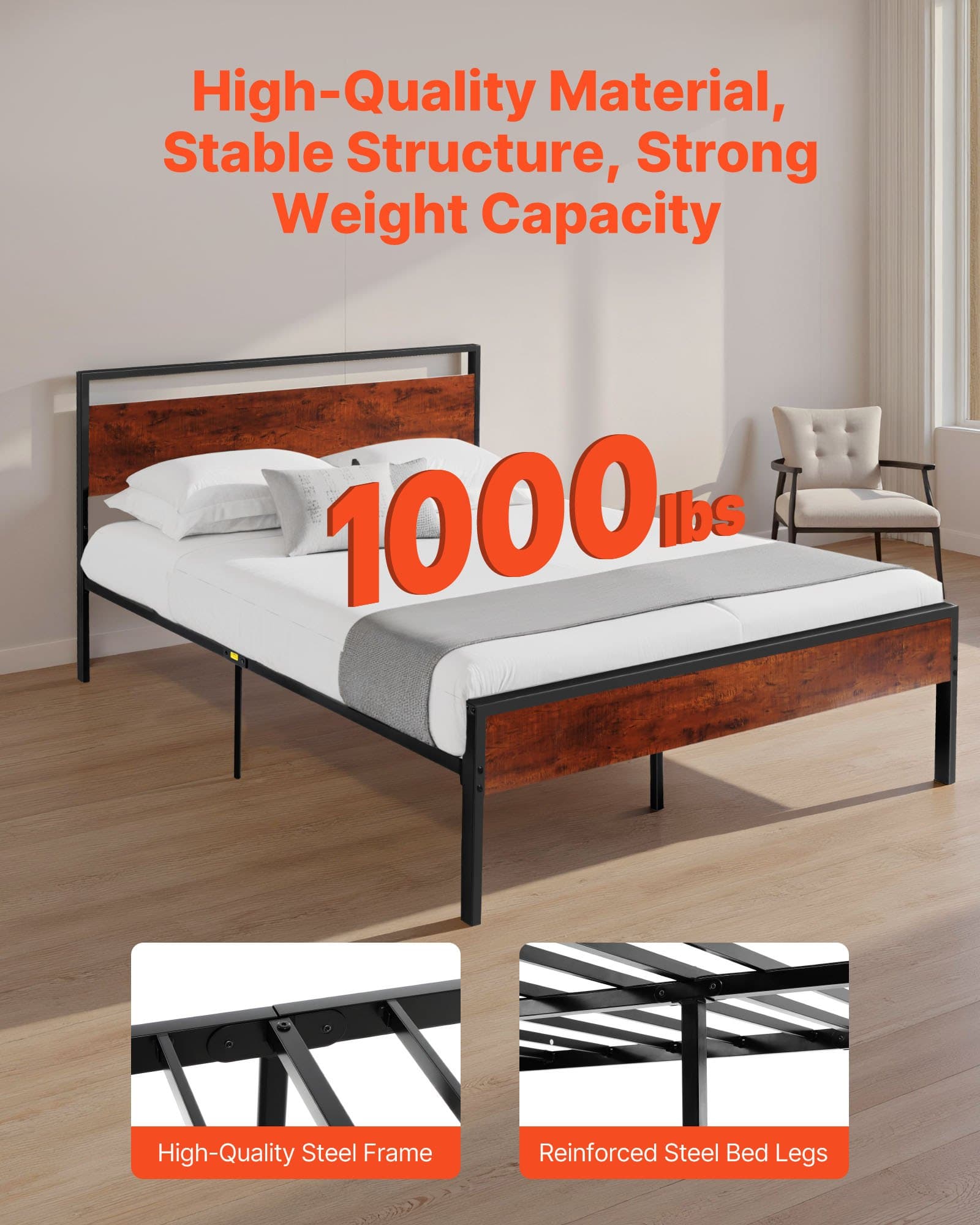 Noise-Free Full Size Metal Bed Frame with Vintage Headboard - image 3
