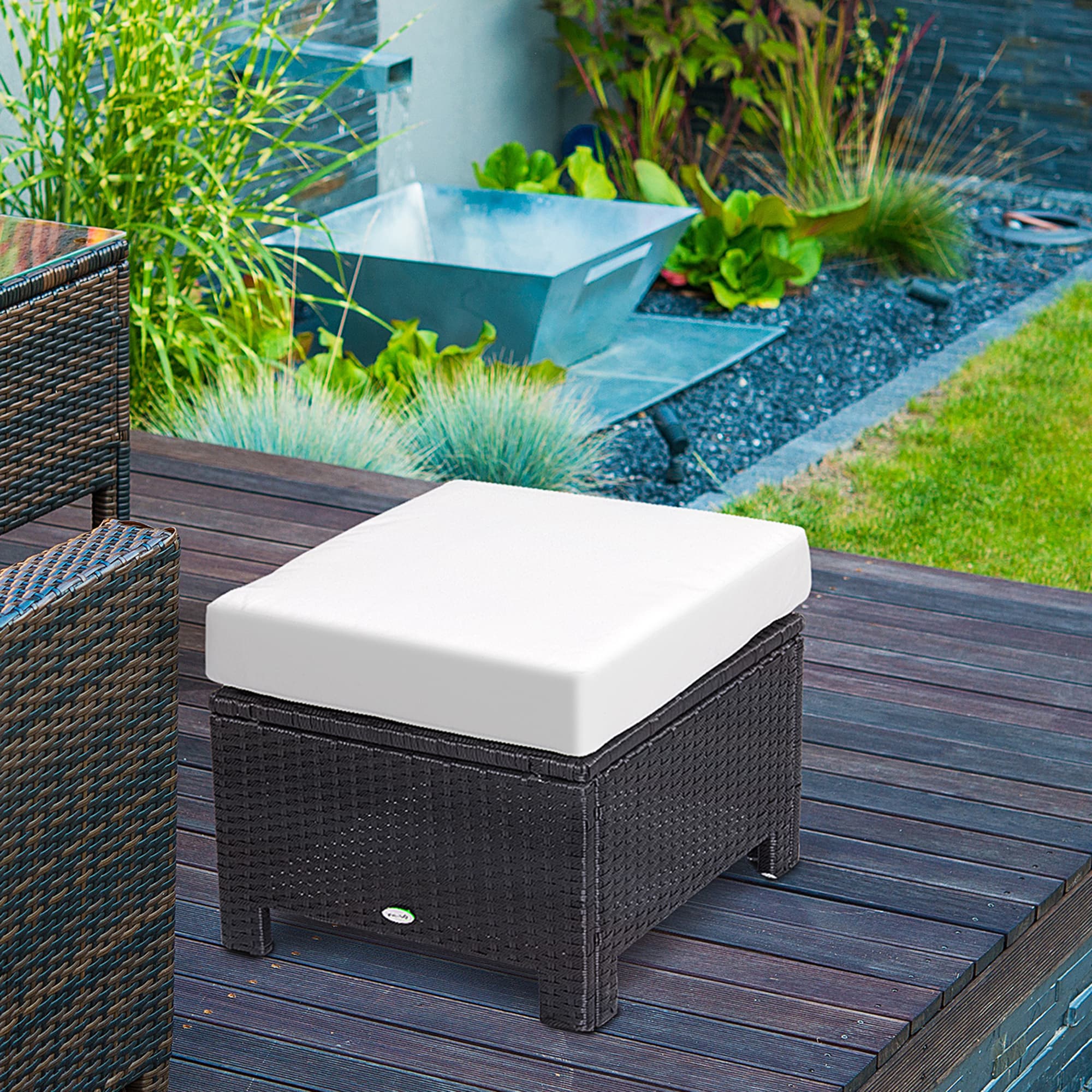 Premium Black Rattan Footstool with Padded Cushion - image 1