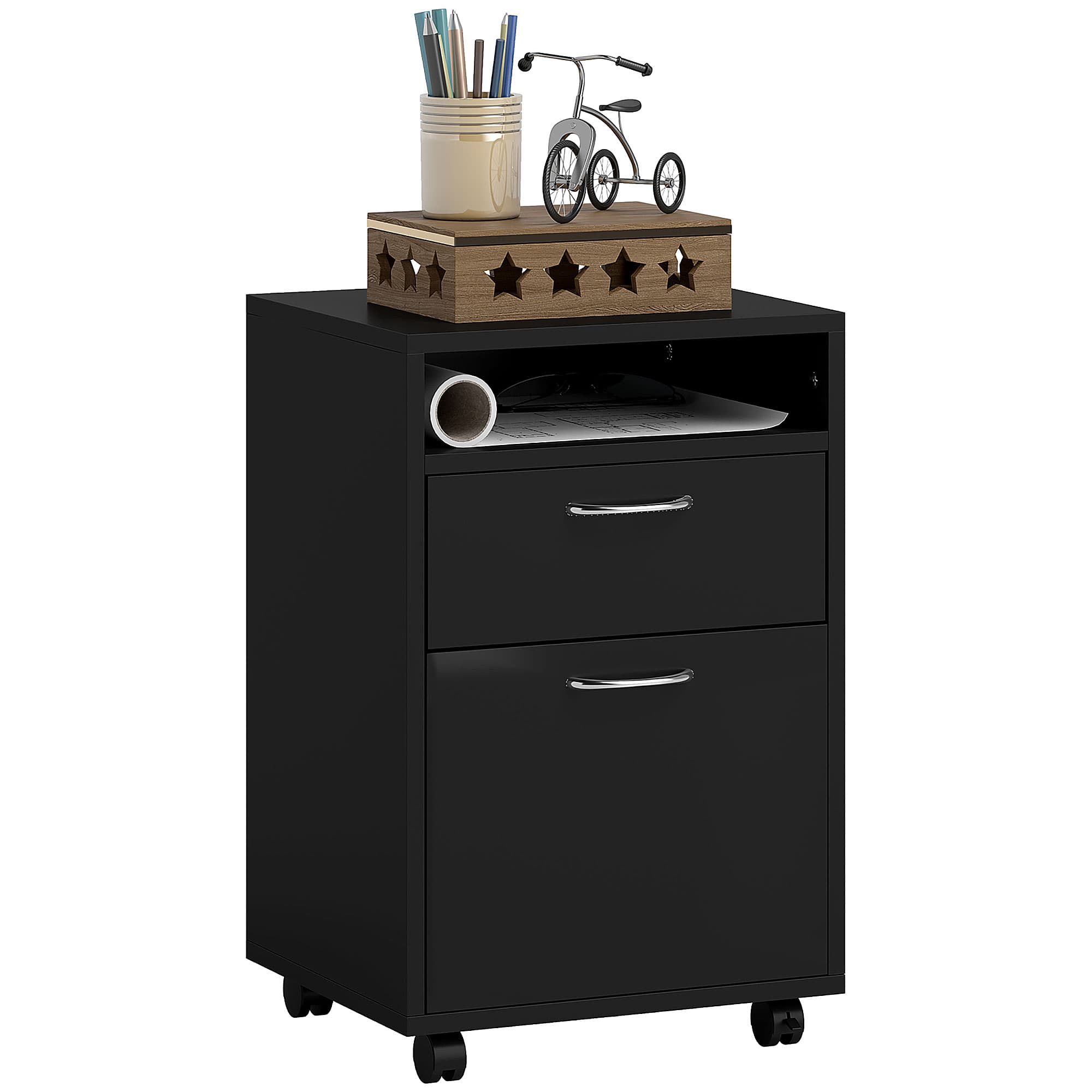 Black Mobile Office Cabinet with Drawers and Open Shelf - image 6
