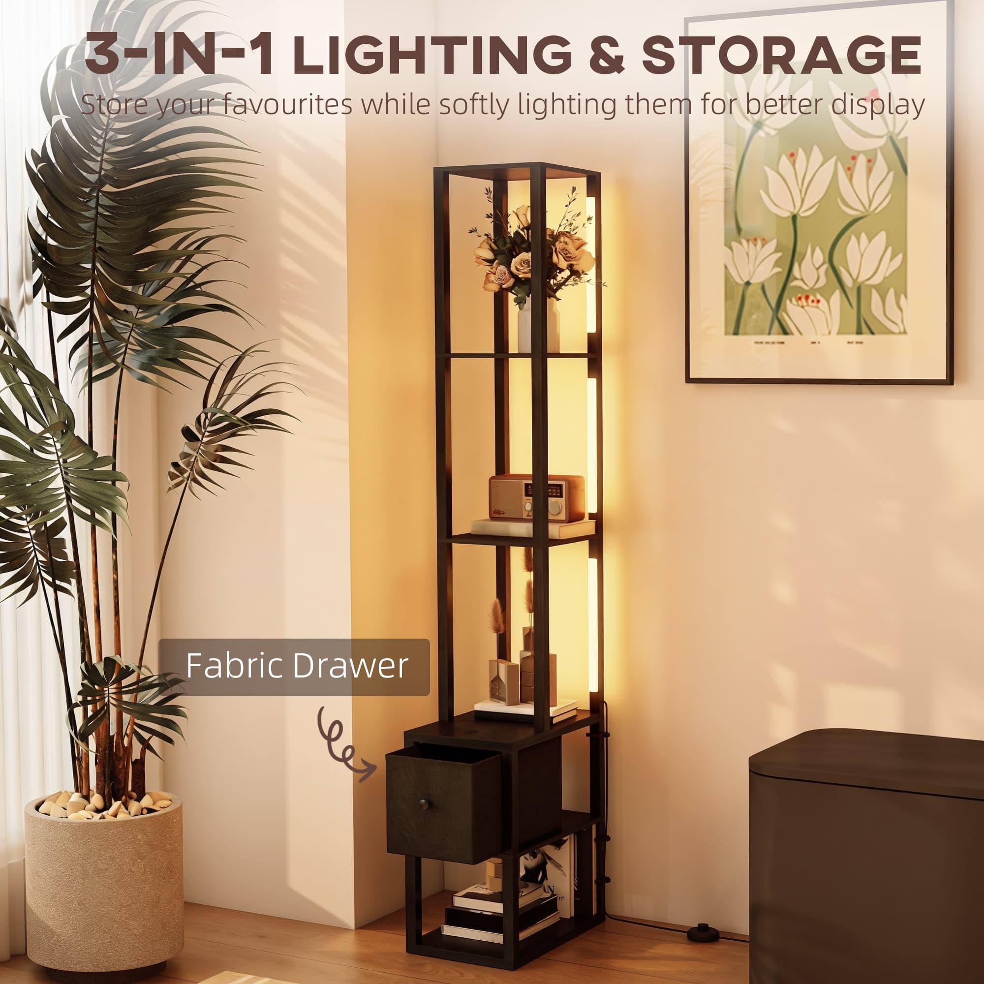 Modern Black LED Floor Lamp with Integrated Storage Shelves - image 2