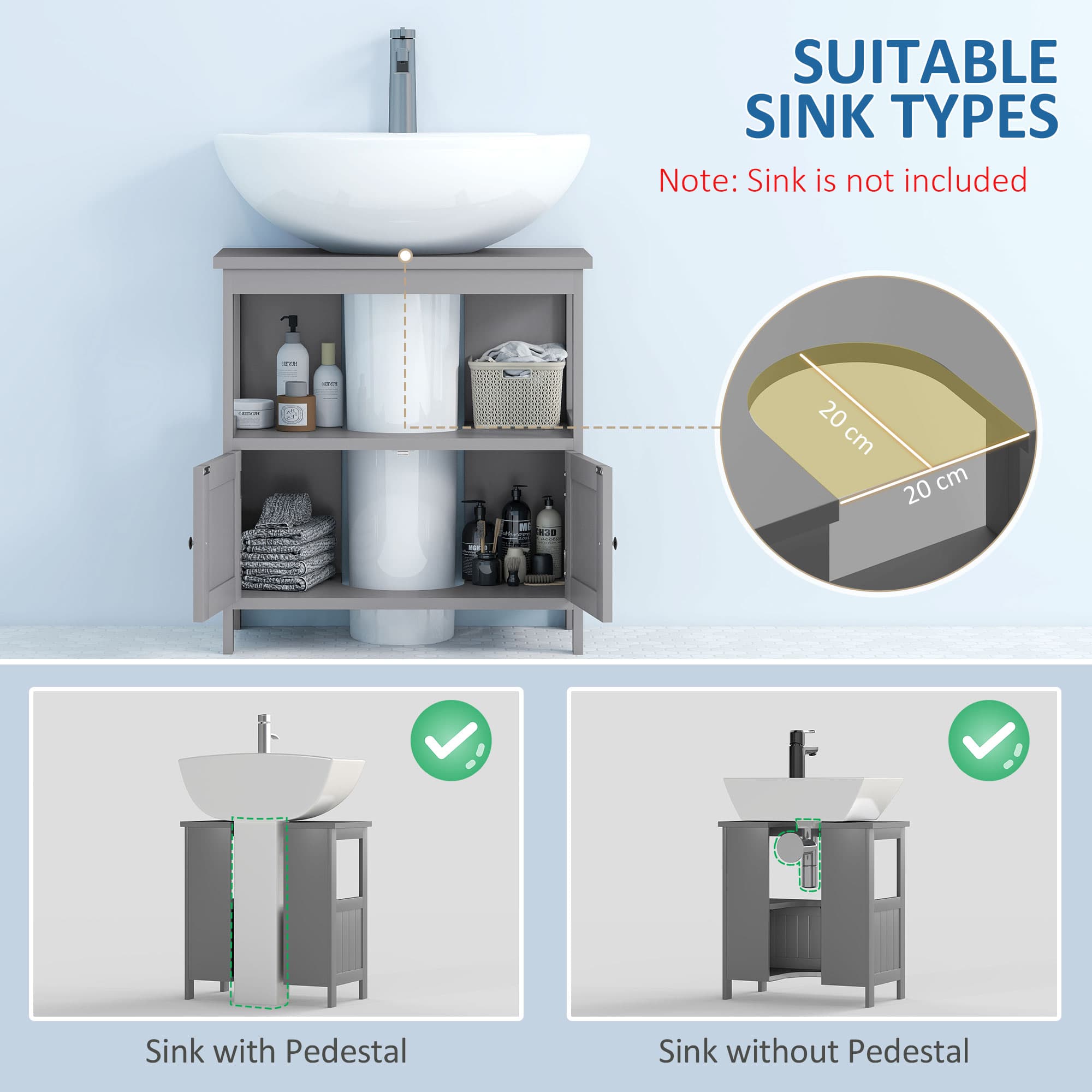 Pedestal Under-Sink Cabinet with Double Doors, Light Grey - image 10