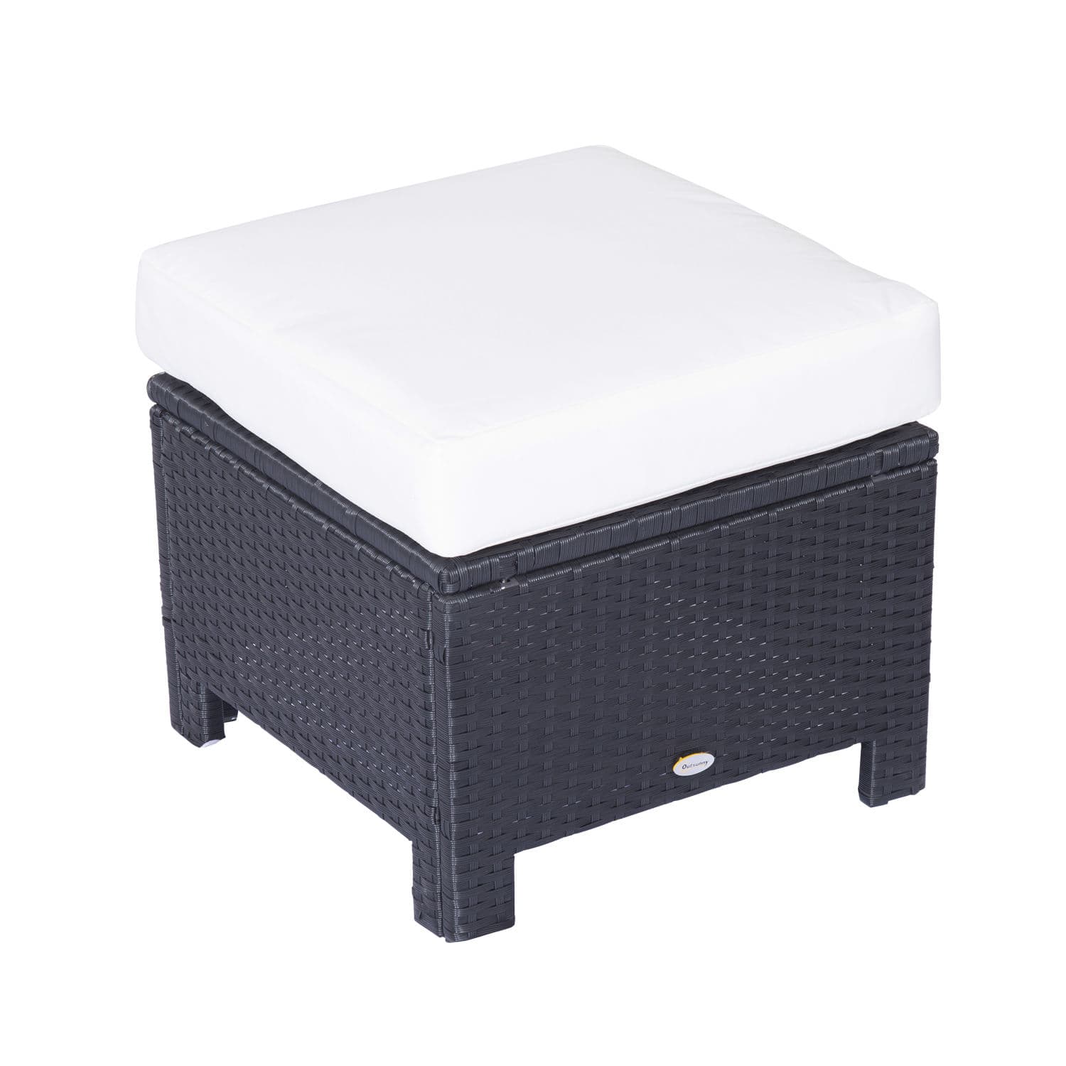 Premium Black Rattan Footstool with Padded Cushion - Black