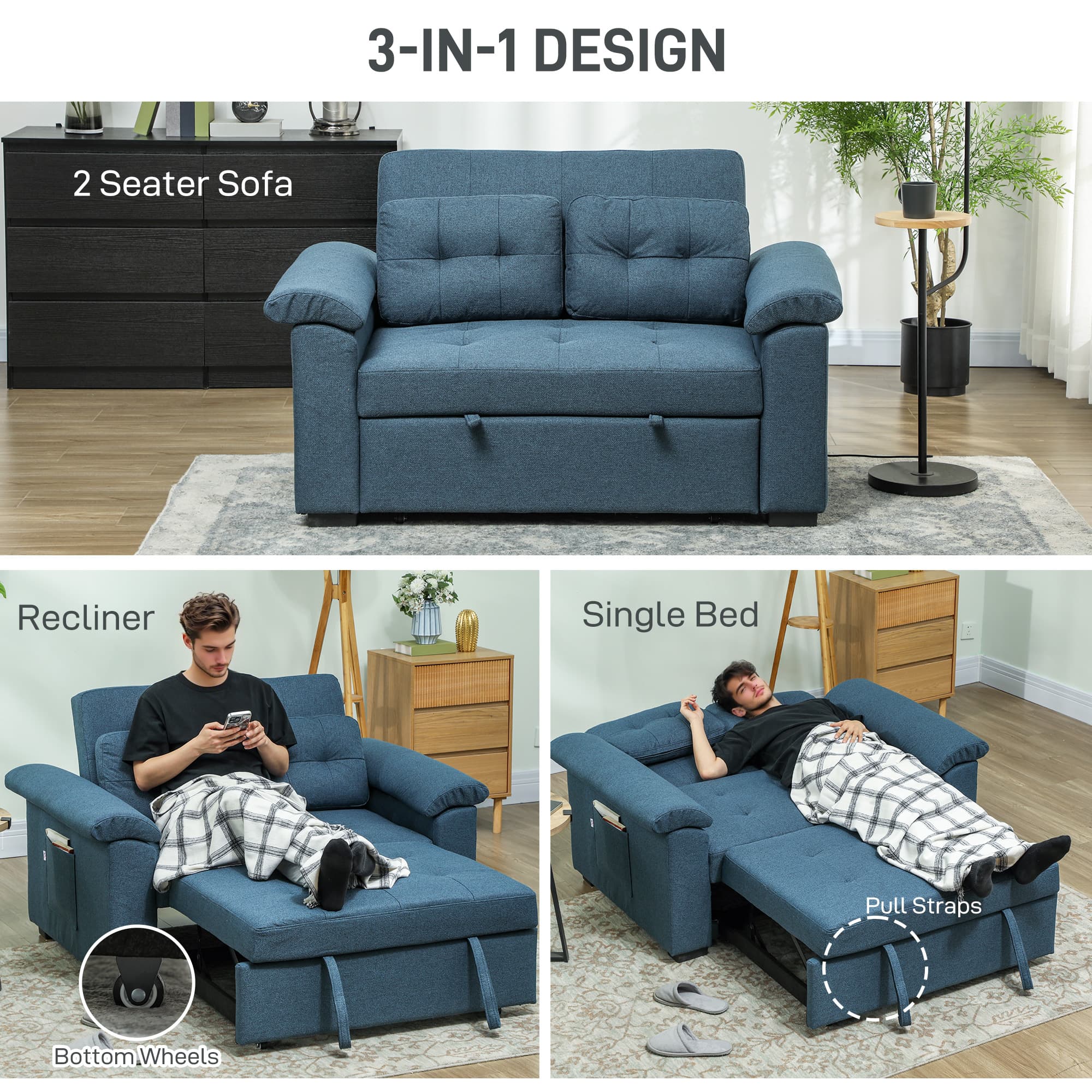 Blue 2-Seater Pull-Out Sofa Bed for Effortless Hosting - image 4