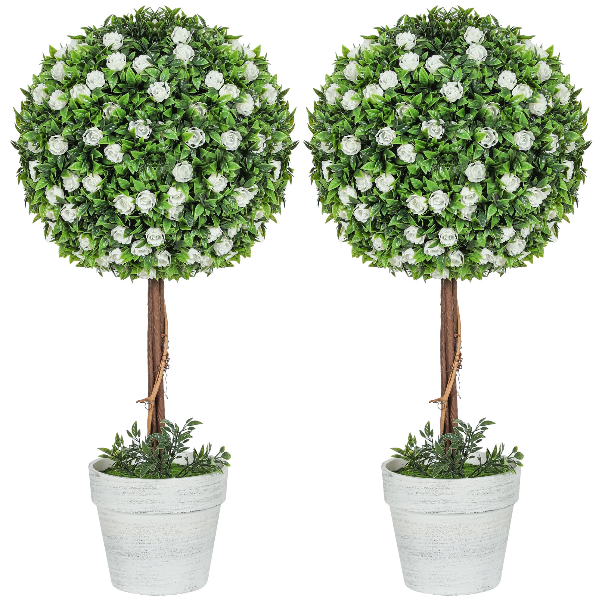 Set of 2 White Artificial Rose Topiary Trees - White