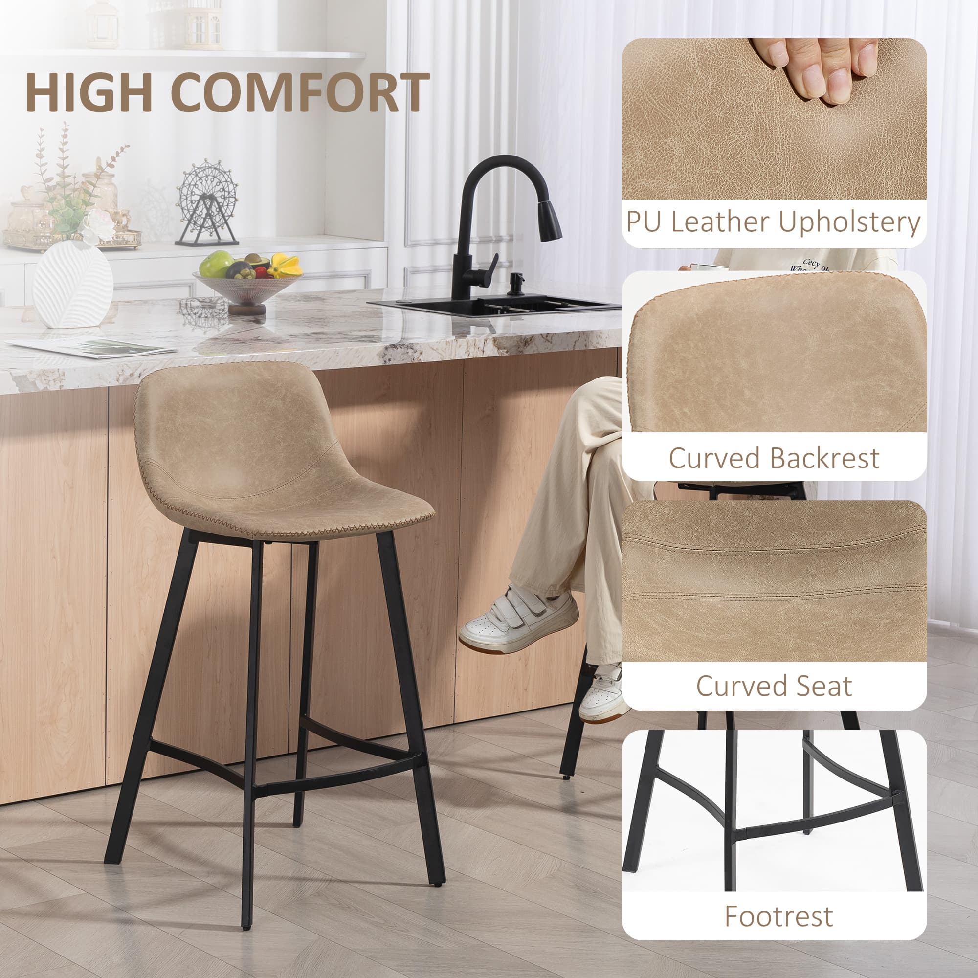 Effortless Comfort: Light Brown Faux Leather Bar Stools Set of 2 - image 3