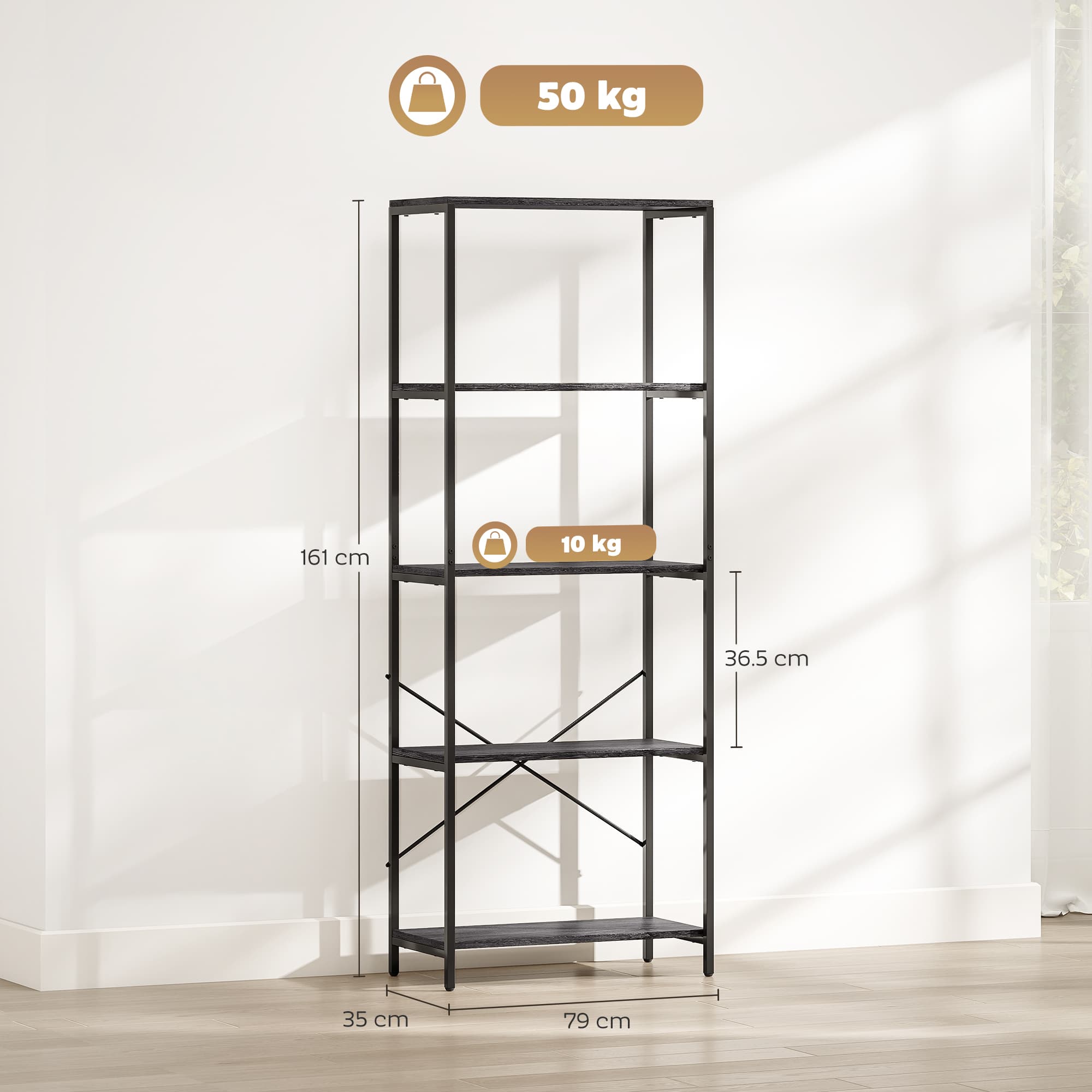 5-Tier Metal Frame Bookshelf in Dark Grey and Black - image 10