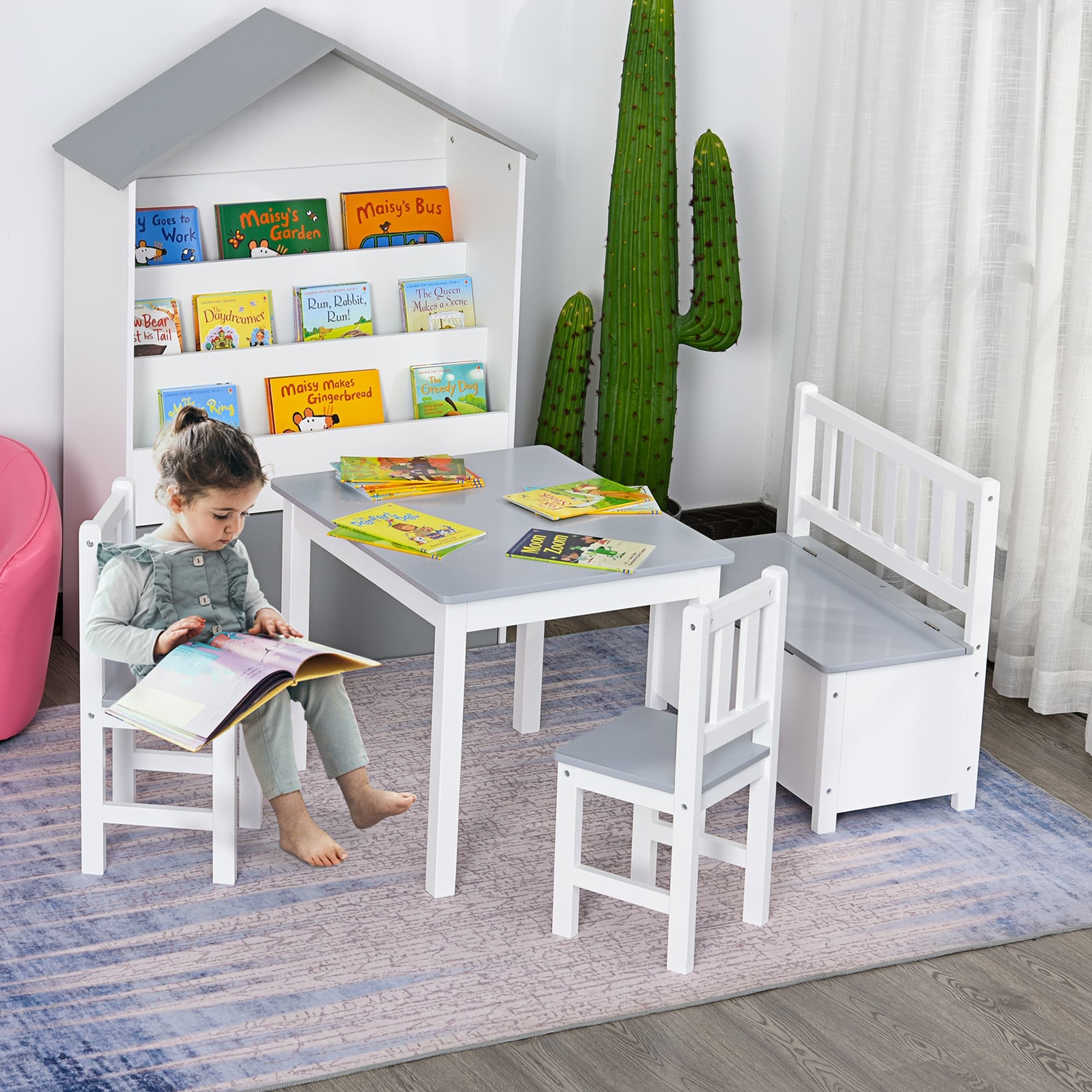 Grey & White Wooden Kids Table Set with Storage Bench - image 4