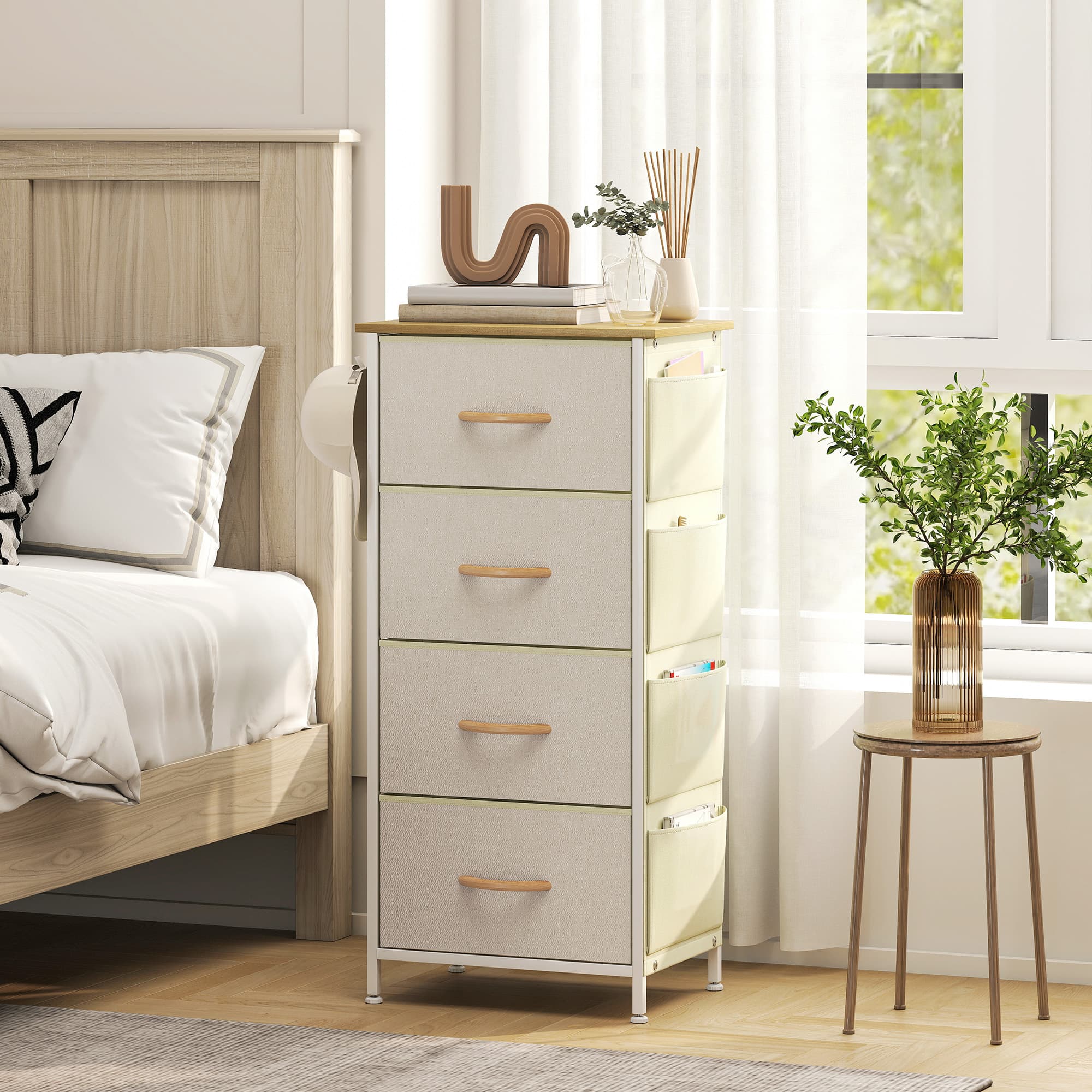 Beige Fabric Storage Chest with Four Drawers - image 8