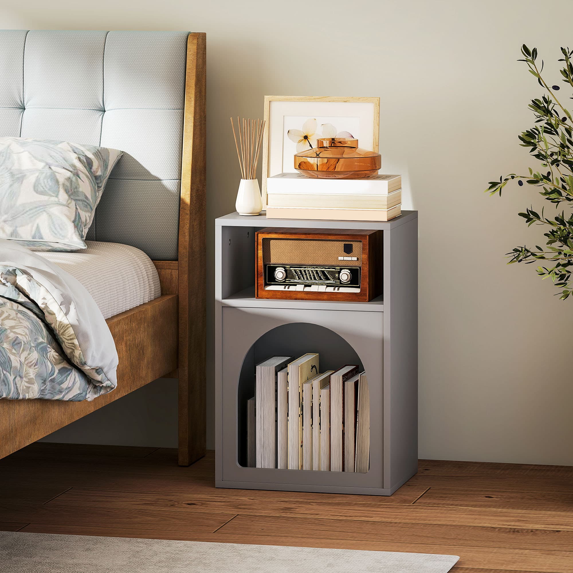 Grey Bedside Table with Arched Open Storage - image 9